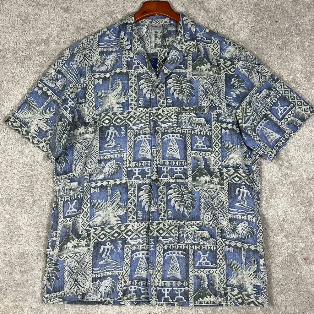 Vintage Royal Creations Hawaiian Shirt Mens L Blue Aloha Surf Palm Reverse Print